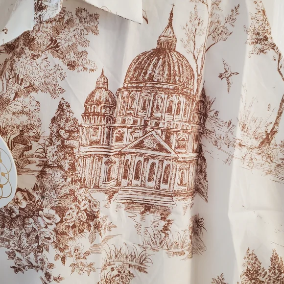 Umgee Cream and Brown Scenic Toile Print Short-Sleeve Button-Up Shirt - Picture 5 of 5
